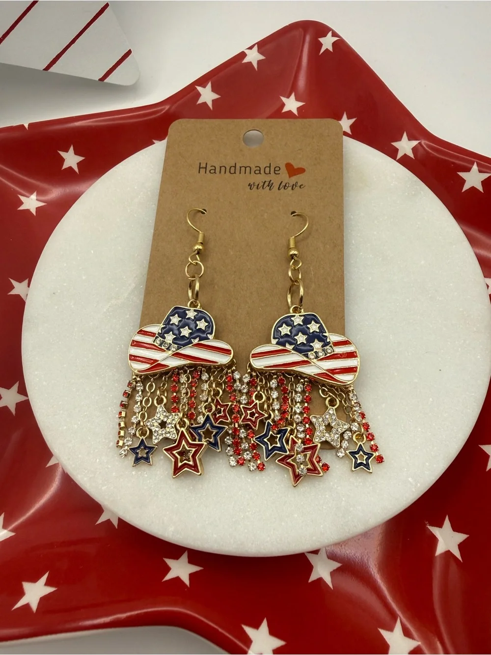 Patriotic American Flag Cowboy Hat Rhinestone Earrings